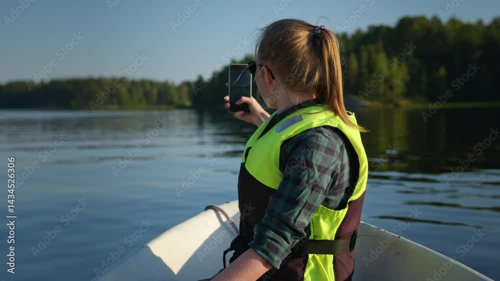 Young woman in sunglasses and signal vest records video on phone sitting in boat