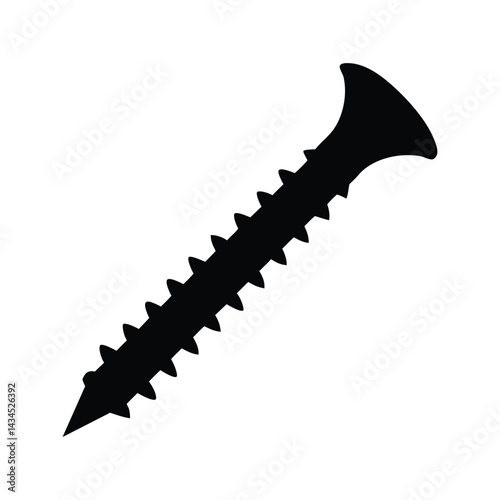 Black Silhouette of a Flat-Head Screw with Threaded Shank and Pointed Tip, Common Fastener for Construction, Carpentry, DIY Projects, Industrial Equipment, Precise Hardware Illustration