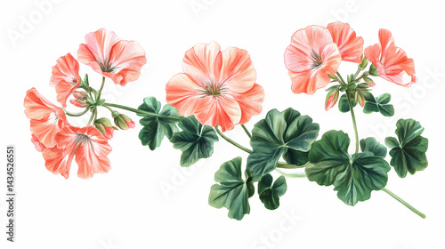 Pelargonium, geranium plants - zonal, stellar variety, ivy geranium, sketch, illustration on white background. Stellar Ivy. Illustration