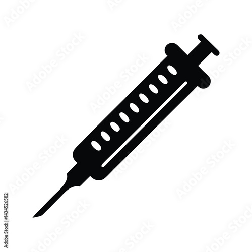 Black Syringe Silhouette with Needle and Measurement Markings, Medical Equipment Icon, Healthcare and Vaccination Black Syringe Silhouette Symbol 