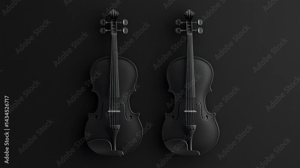 Fototapeta premium Two violins laying on a black background. Music advertisement or performing arts