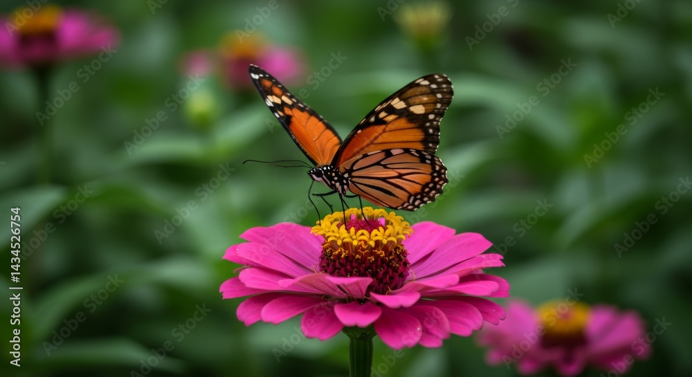 Obraz premium Butterfly on Pink Zinnia in Garden - A monarch butterfly rests gently on a vibrant pink zinnia, symbolizing beauty, transformation, peace, nature, and delicate balance
