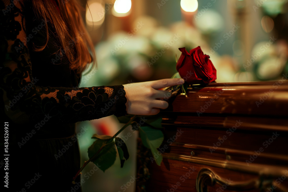 A person in a black lace dress places a red rose on a wooden coffin. Concept of mourning and loss. For expressing grief.