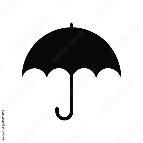Black Umbrella Silhouette with Curved Handle and Scalloped Canopy, Minimalist Weather Protection Symbol, Rain and Sun Shield Icon. Black Umbrella Silhouette