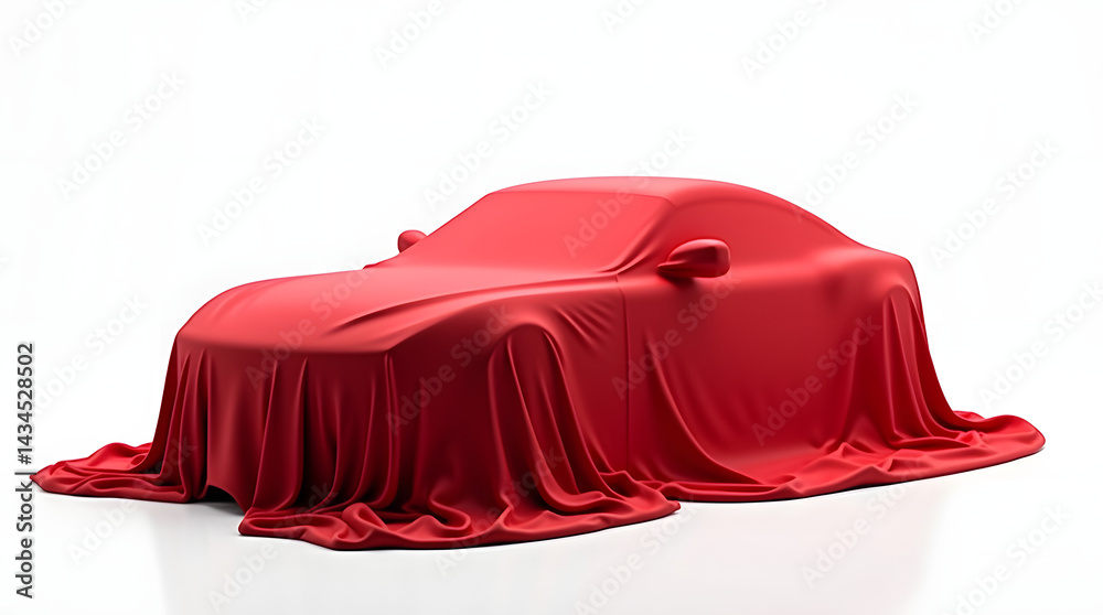 A sleek car covered in a vibrant red cloth, hinting at a mysterious reveal ahead. A sleek car covered in a vibrant red cloth, hinting at a mysterious reveal ahead.