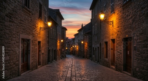Cobblestone Street at Sunset - Charming cobblestone street lined with old stone buildings, illuminated by warm streetlights at sunset