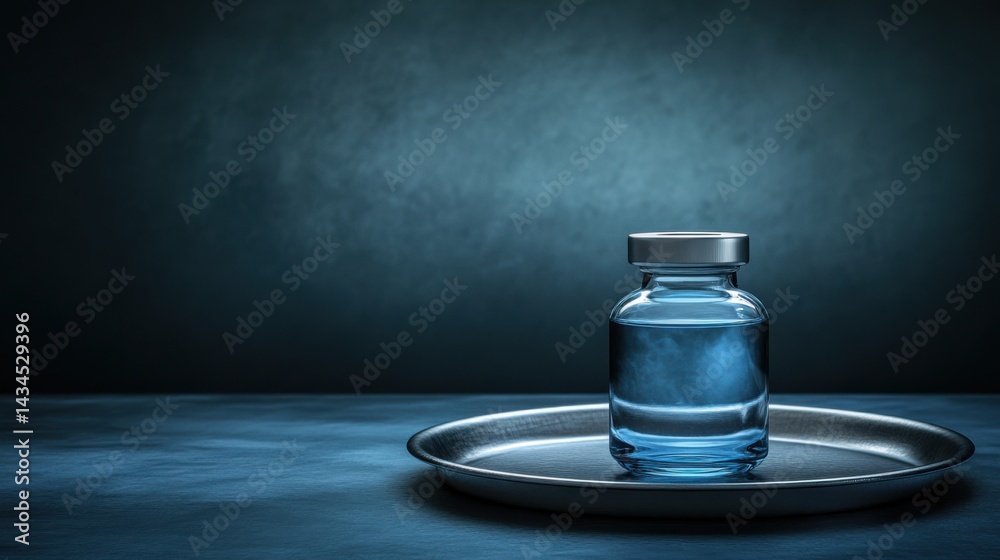 Glass vial with liquid on metal tray against dark textured background