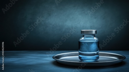 Obraz na płótnie Glass vial with liquid on metal tray against dark textured background w salonie