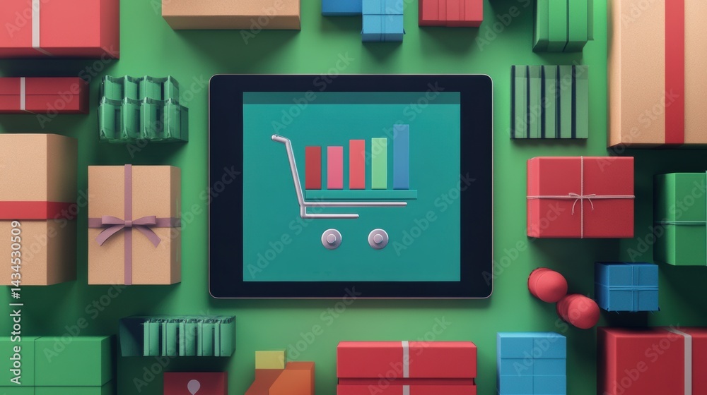 Digital Shopping Cart Icon Surrounded by Colorful Gift Boxes on Green Background