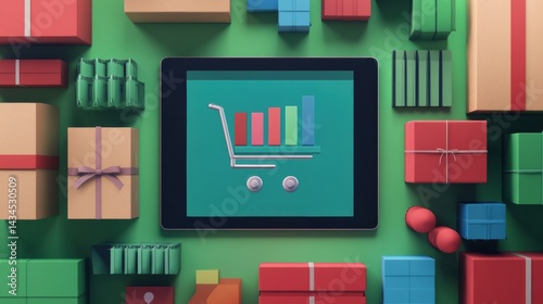 Obraz na płótnie Digital Shopping Cart Icon Surrounded by Colorful Gift Boxes on Green Background w salonie