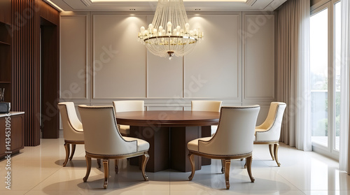 Elegant dining room showcasing a round wooden table surrounded by six luxurious cream chairs under a stunning chandelier.