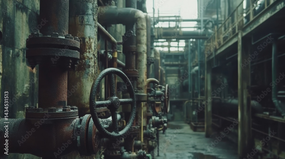 Industrial Pipe System with Rusty Valves in Abandoned Manufacturing Facility