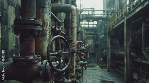 Obraz na płótnie Industrial Pipe System with Rusty Valves in Abandoned Manufacturing Facility w salonie