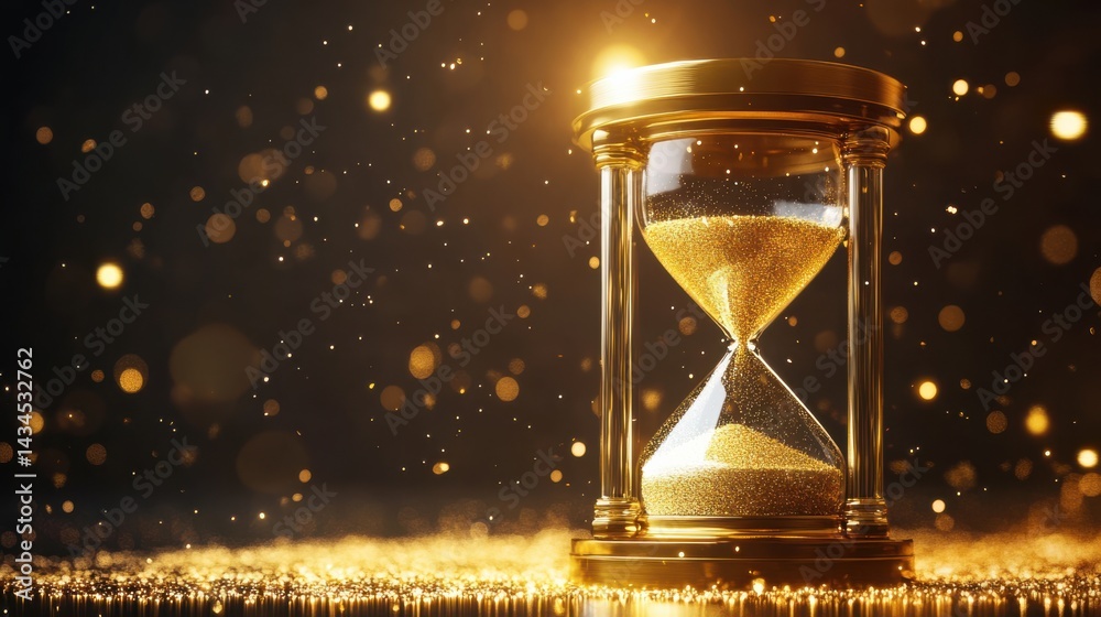 Shimmering Hourglass with Golden Sand in a Mystic Background of Sparkling Lights