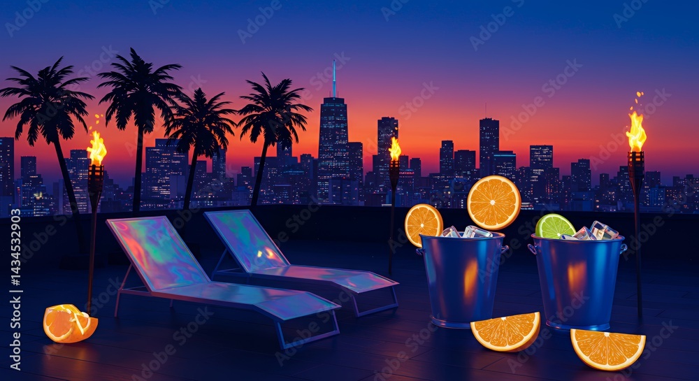 Naklejka premium Rooftop night scene with lounge chairs, tropical cocktails, tiki torches, and a vibrant city skyline at sunset. Relaxing, urban, and abstract.