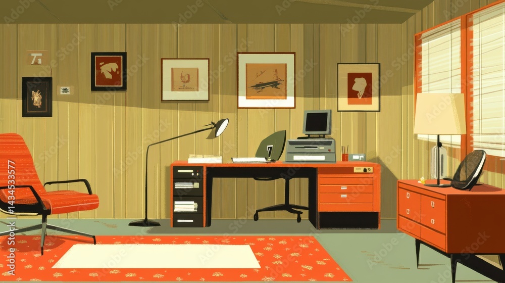 Retro Home Office with Minimalist Desk, Vintage Chair, and Creative Decor Elements