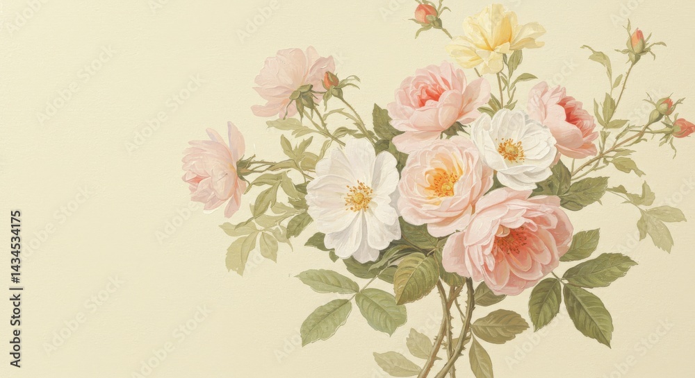 Fototapeta Delicate Pastel Roses Bouquet - A lovely arrangement of pastel pink and white roses, perfect for romantic or elegant designs. Soft, muted tones create a serene atmosphere