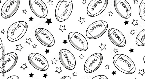 A seamless pattern of footballs and stars in black and white perfect for sports themed backgrounds
