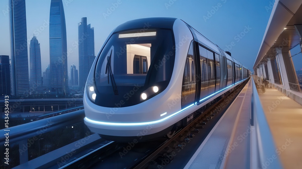 Naklejka premium Modern Urban Train in City at Dusk with Skyscrapers in the Background and Track