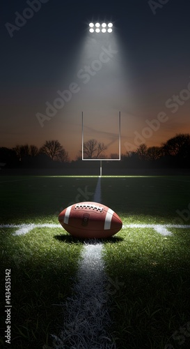 Wallpaper Mural A football rests on the field under bright stadium lights with a goal post in the background at night Torontodigital.ca