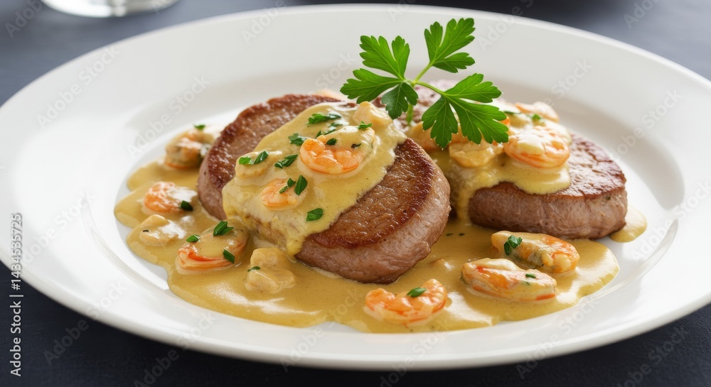 Delicious Steak with Creamy Shrimp Sauce - Two succulent steak medallions smothered in a rich, creamy sauce studded with succulent shrimp. Garnished with fresh parsley Delicious Steak with Creamy Shrimp Sauce - Two succulent steak medallions smothered in a rich, creamy sauce studded with succulent shrimp. Garnished with fresh parsley