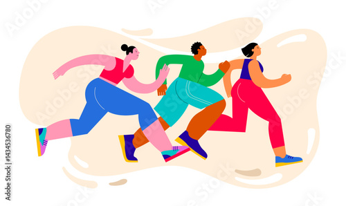 Abstract runners figures. Colorful illustration of group of people, men and women, running marathon together