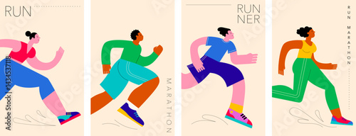 Abstract runners figures. Colorful illustration of group of people, men and women, running marathon together