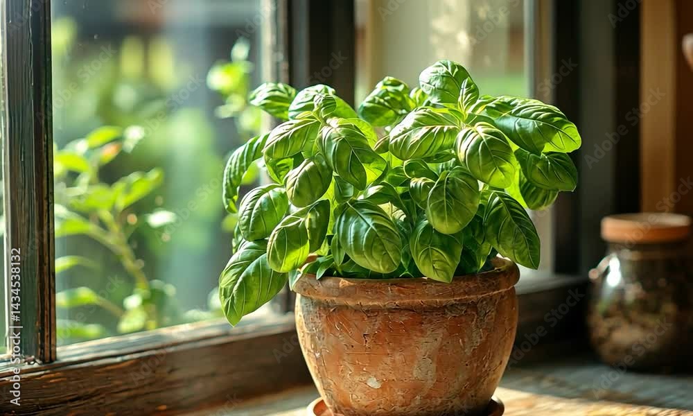Lush basil plant in a rustic pot by a sunlit window, enhancing a cozy kitchen atmosphere