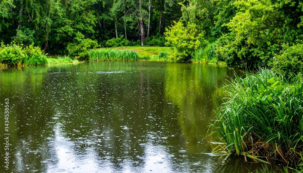 雨に濡れた池の静かな風景
雨に濡れた池の静かな風景
