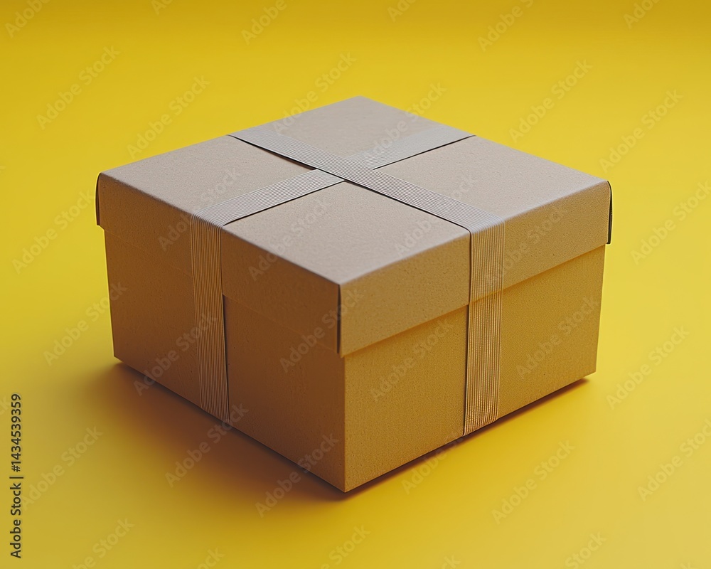 Obraz premium Brown cardboard box with tape on a vibrant yellow background, ideal for packaging