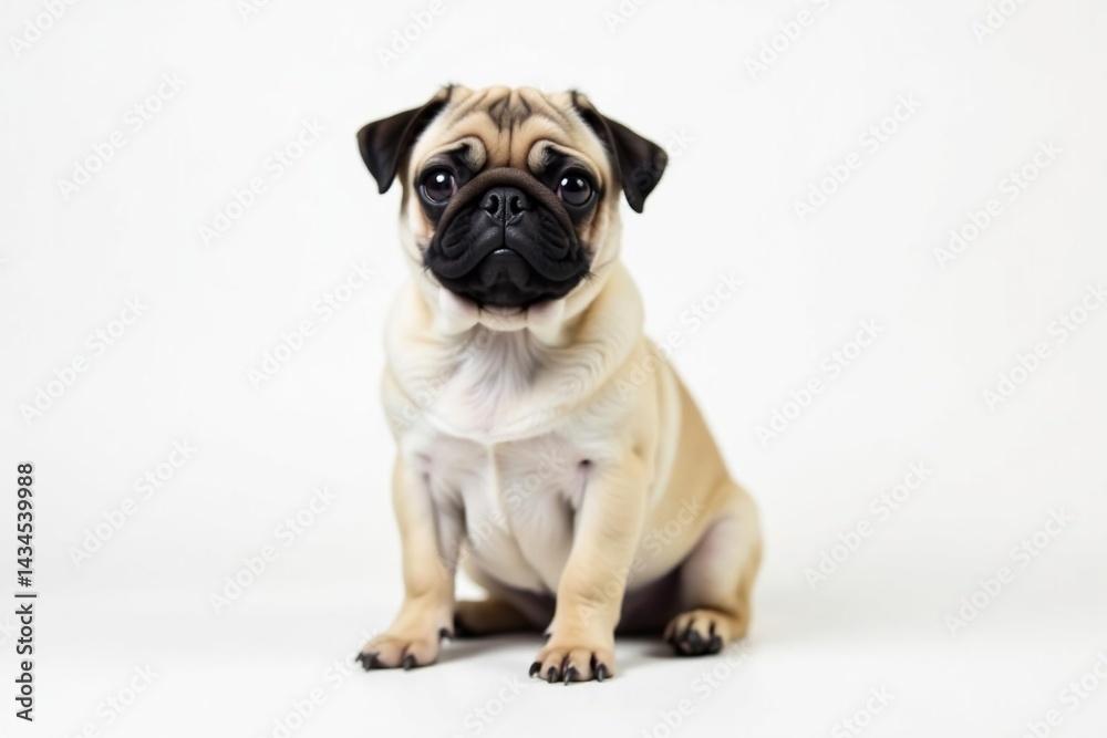 Adorable pug dog sits alone on white background, looking directly at camera , headshot, white background, animal Adorable pug dog sits alone on white background, looking directly at camera , headshot, white background, animal