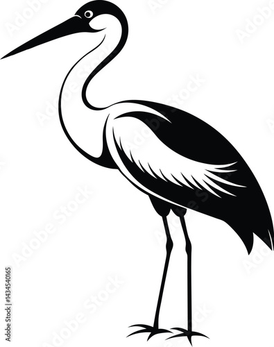 Stork silhouette,  standing bird, white background, black vector icon, wildlife illustration