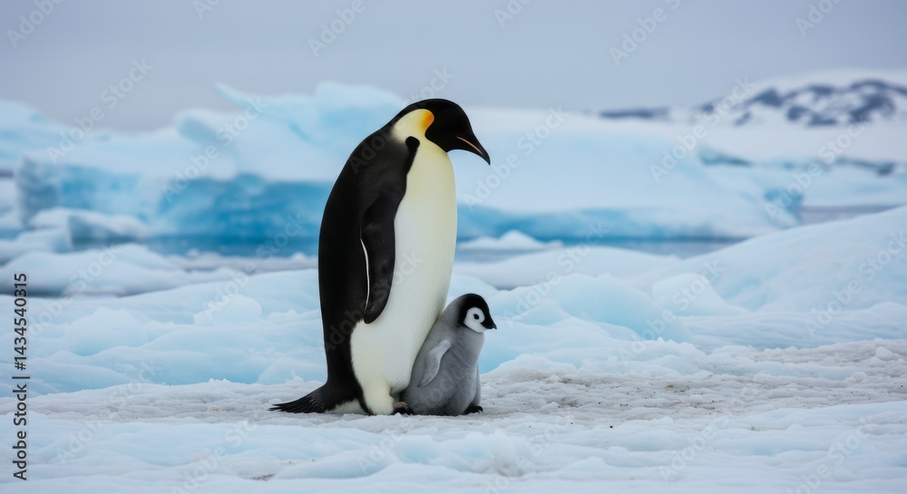 Obraz premium Emperor Penguin Parent and Chick on Antarctic Ice - A heartwarming symbolizing parental love, protection, resilience, wildlife, and the Antarctic wilderness