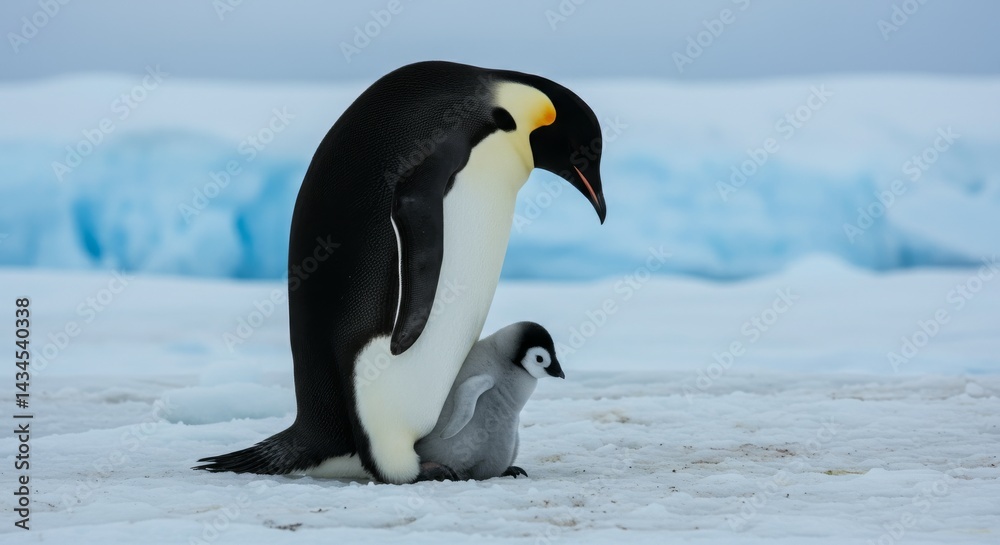 Obraz premium Emperor Penguin Protecting Chick - An adult emperor penguin shelters its small chick in a snowy Antarctic landscape. A heartwarming wildlife scene