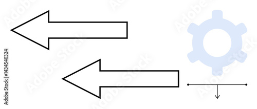 Two bold arrows pointing in opposite directions alongside a gear and downward arrow for process flow, decision clarity, contrasting directions. Ideal for workflow, automation, choices, systems
