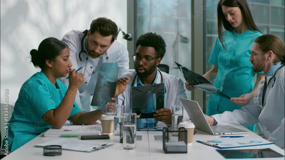 Multiethnic group doctors nurse meeting medical team talking together discuss x-ray patient results consulting each other surgery brainstorming health discussion healthcare in conference room hospital