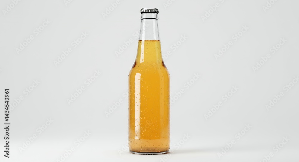 Fototapeta premium Clear Glass Bottle of Amber Ginger Ale Covered in Droplets on White Background Suitable for Ads and Promotion