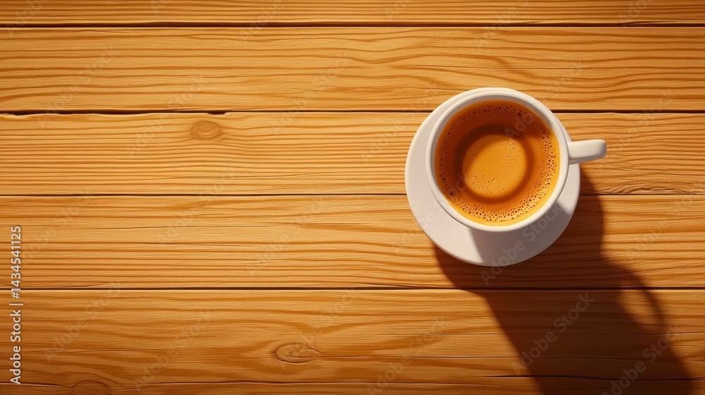 Obraz premium Espresso Cup on Wooden Table in Sunlight
