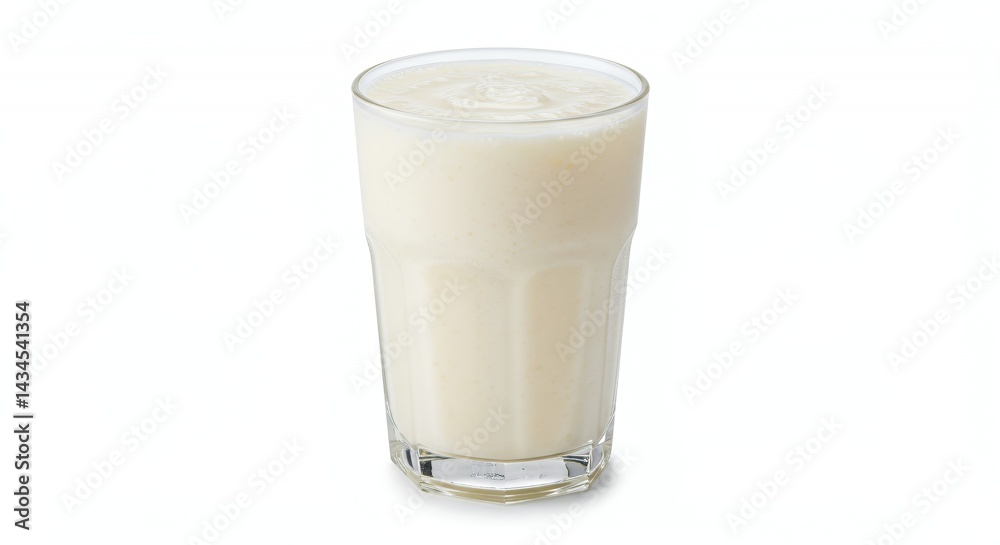 Close Up Clear Glass of Blended Coconut Shake White Liquid Isolated for Ads Promotion Display and Decoration on White Background Close Up Clear Glass of Blended Coconut Shake White Liquid Isolated for Ads Promotion Display and Decoration on White Background