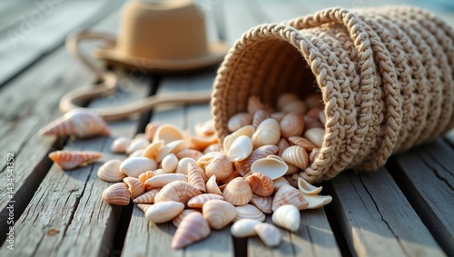 Seashells in a Woven Basket on Wooden Deck