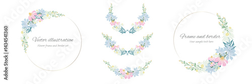 Botanical frame and  border set of spring flower and leaf. Pink and purple wild flowers vector illustration. round and circle