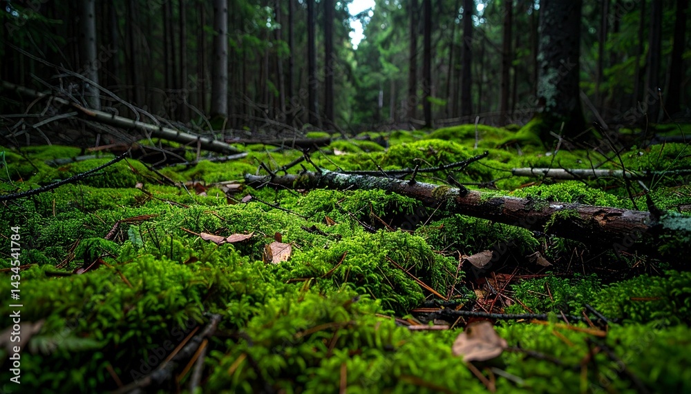 Obraz premium Dense forest floor rich in green moss and scattered fallen branches under twilight lighting