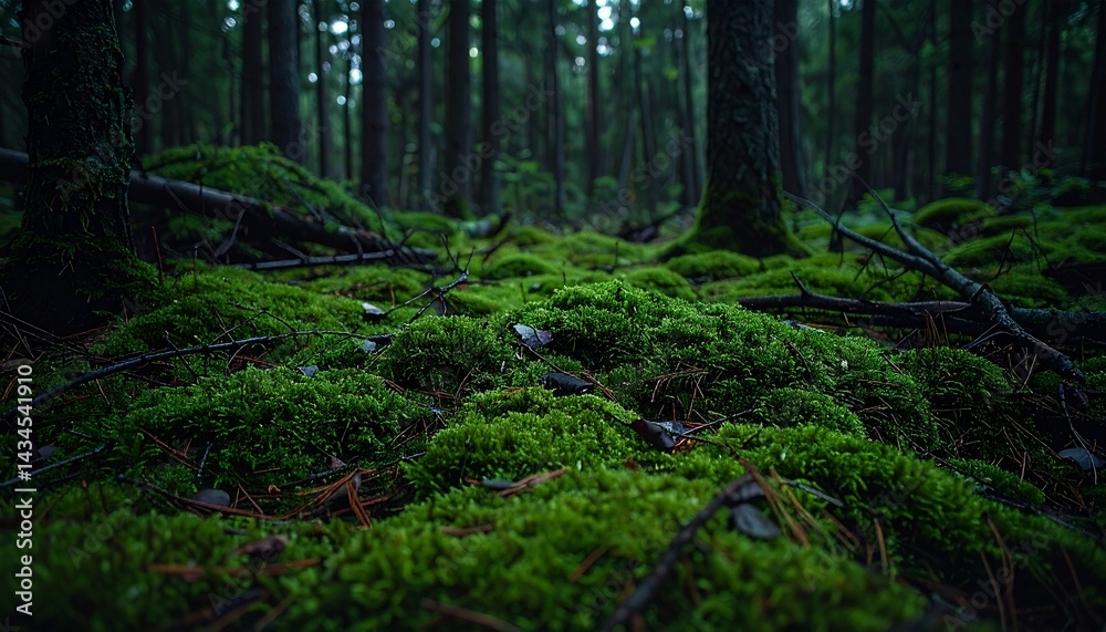 Dense forest floor rich in green moss and scattered fallen branches under twilight lighting
