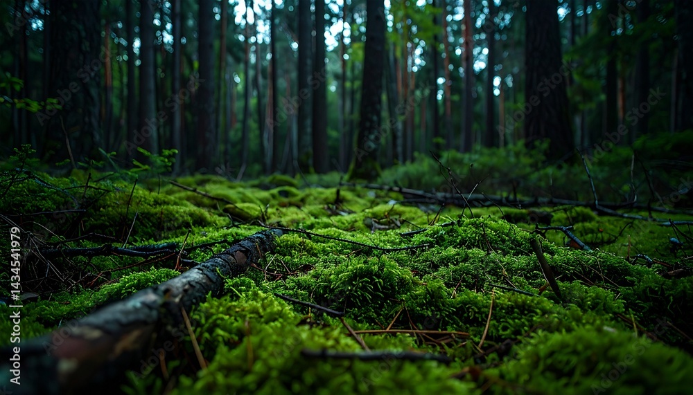 Dense forest floor rich in green moss and scattered fallen branches under twilight lighting Dense forest floor rich in green moss and scattered fallen branches under twilight lighting
