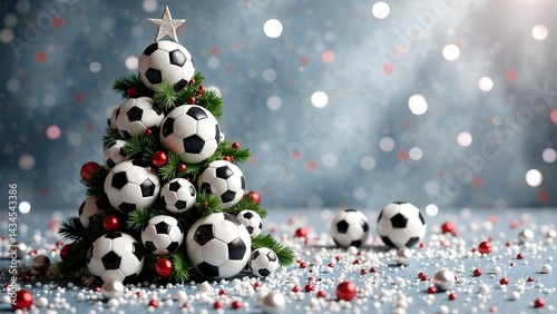 New Year tree made of soccer balls on a gray festive background