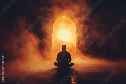 Silhouetted man meditates before a glowing archway in a smoky, dimly lit space.