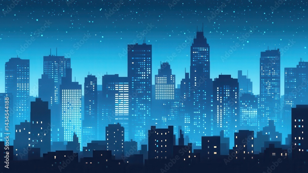 Blue City Skyline at Night with Starry Sky and Bright Lights in Urban Landscape