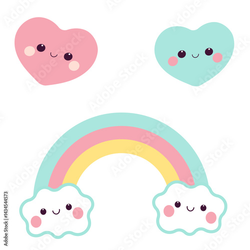 Cute kawaii rainbow and hearts. Gender reveal party.