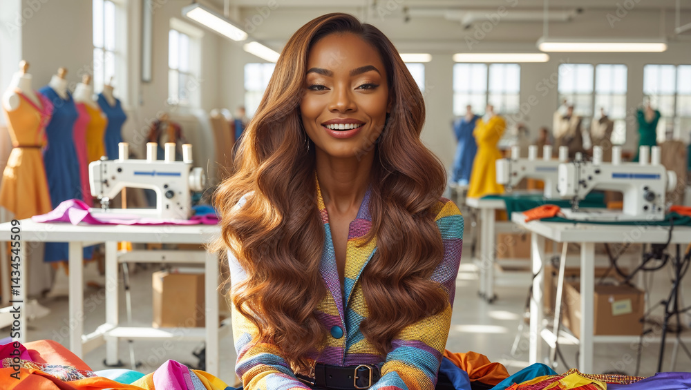 Stylish young African American woman fashion designer in studio
