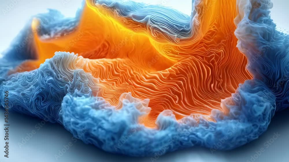 A vibrant, abstract representation of flowing textures with blue and orange colors, creating a visually striking modern design.